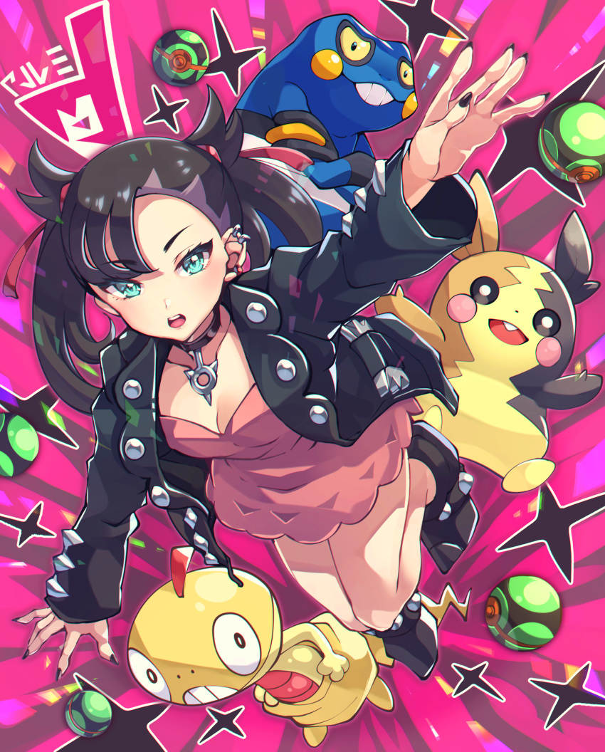 1girl absurdres black_hair black_jacket black_nails blue_eyes choker croagunk crossed_arms dress dusk_ball ear_piercing highres jacket mary_(pokemon) morpeko piercing pink_dress poke_ball pokemon pokemon_(game) pokemon_swsh scraggy tdnd-96 twintails