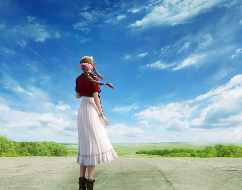 1girl absurdres aerith_gainsborough blue_sky bow bracelet braid braided_ponytail brown_hair cropped_jacket dress english_commentary final_fantasy final_fantasy_vii final_fantasy_vii_remake from_behind hair_bow highres jacket jewelry mountainous_horizon official_art pink_bow pink_dress red_jacket sky solo tree