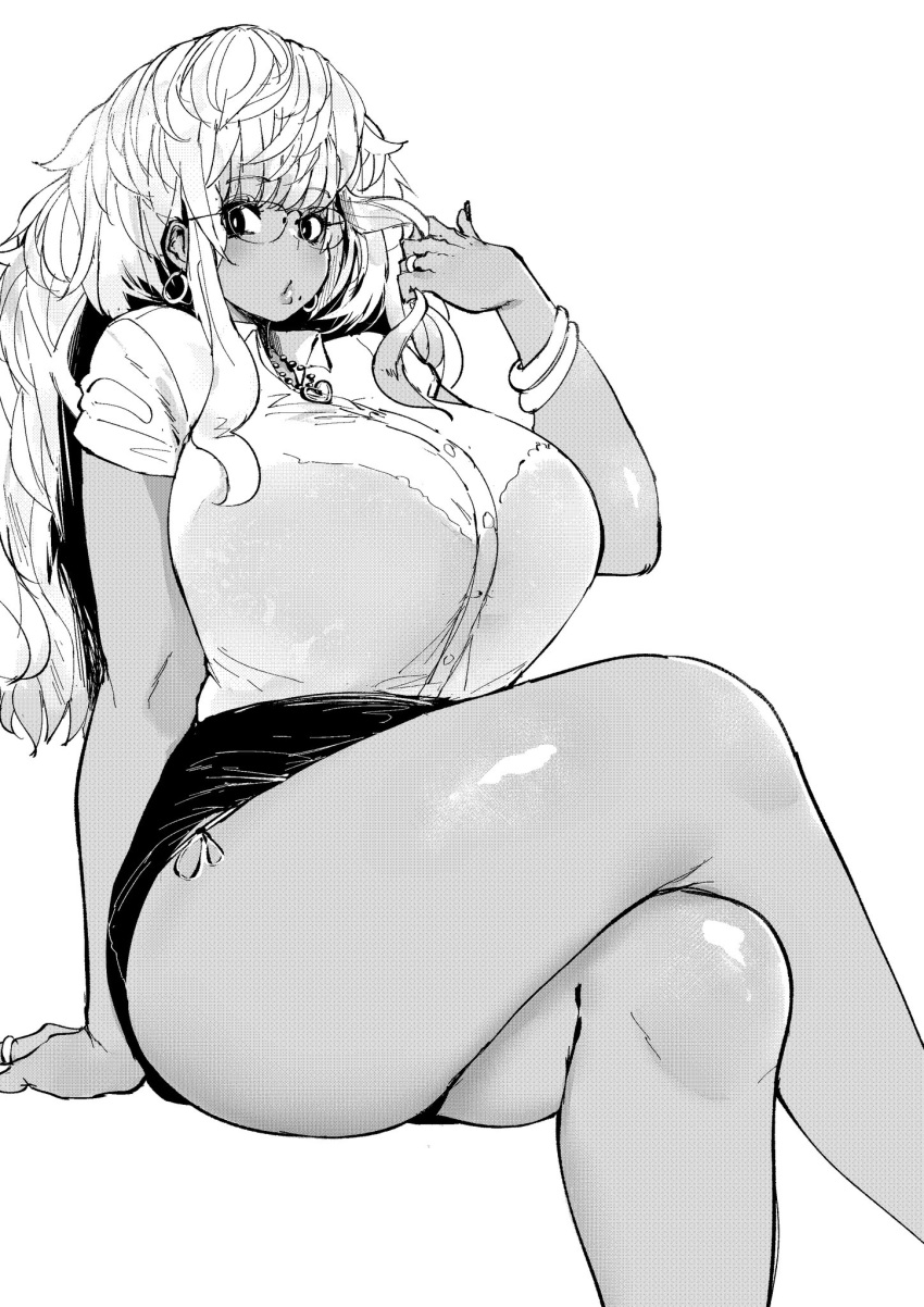 1girl bangle blonde_hair borrowed_character bracelet breasts commission commissioner_upload crossed_legs curvy dark_skin earrings eyebrows_visible_through_hair glasses greyscale gyaru heart heart_necklace highres hoop_earrings huge_breasts invisible_chair jewelry looking_at_viewer miniskirt mole mole_under_mouth monochrome navel norman_maggot original panties puckered_lips rimless_eyewear ring shiny shiny_skin side-tie_panties sitting skirt solo thick_thighs thighs underwear wedding_band white_background