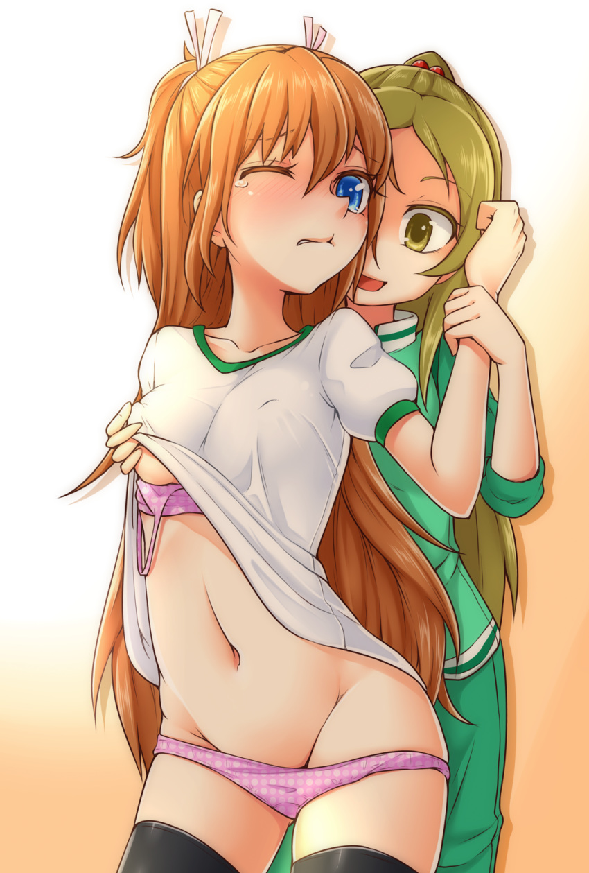 2girls :d black_legwear blue_eyes bra brown_hair clenched_teeth covered_nipples cowboy_shot gradient gradient_background green_eyes green_hair green_jacket green_pants groin gym_uniform hair_ribbon high_ponytail highres houjou_hibiki jacket kanichiri lifted_by_another long_hair long_sleeves midriff minamino_kanade multiple_girls navel one_eye_closed open_mouth orange_background panties pants panty_pull pink_bra pink_panties polka_dot polka_dot_bra polka_dot_panties precure ribbon shiny shiny_hair shirt shirt_lift smile standing stomach suite_precure teeth thighhighs underwear very_long_hair white_background white_ribbon white_shirt wrist_grab yuri