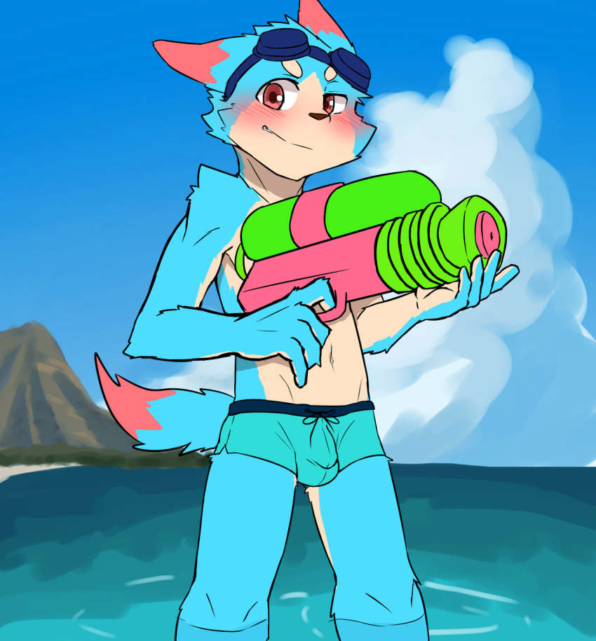 anthro balls_outline beach blush bulge clothed clothing domestic_cat felid feline felis hi_res male mammal manadezimon penis_outline sea seaside solo swimming_goggles topless water water_gun young