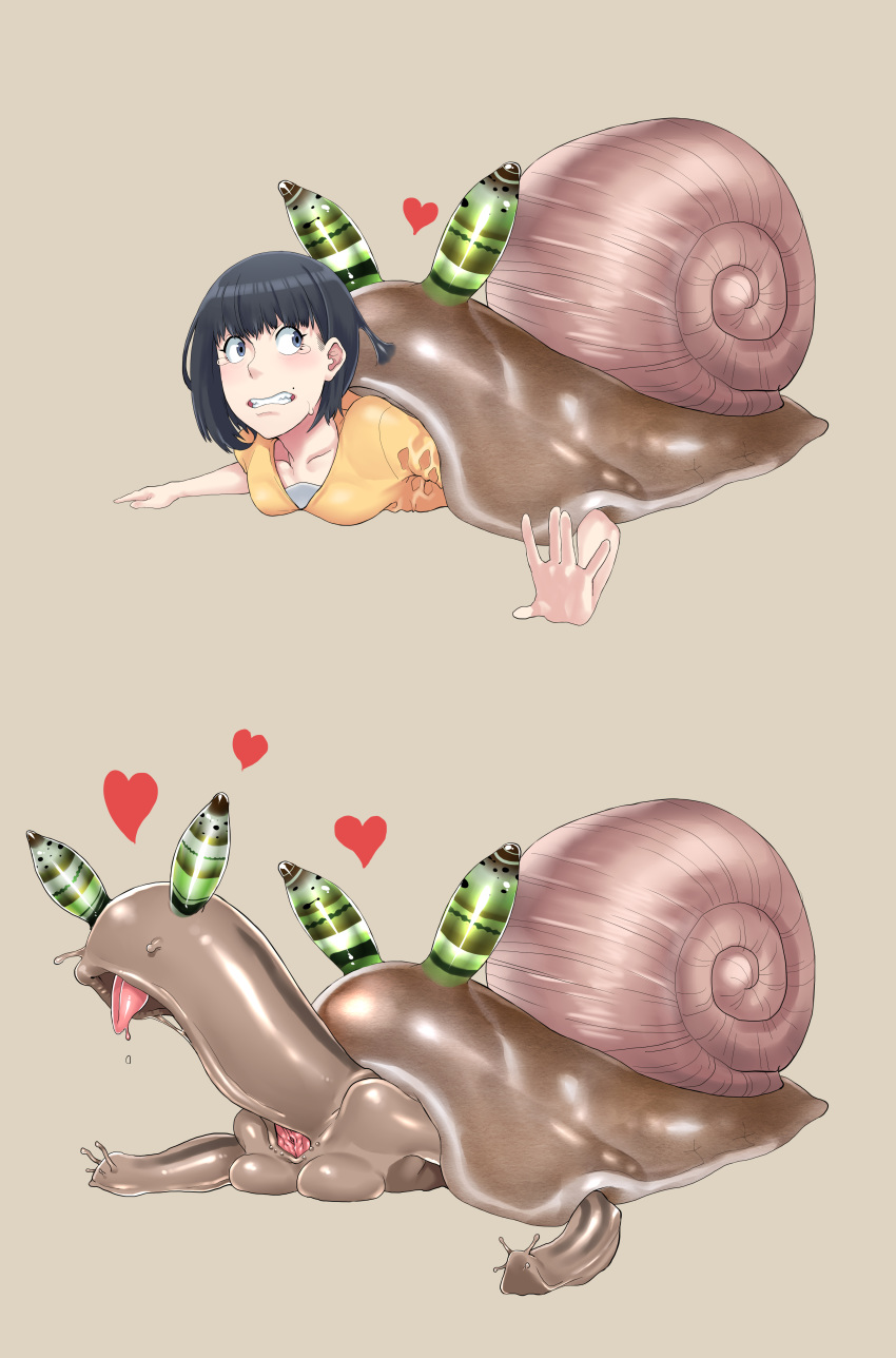 &lt;3 2019 absurd_res ambiguous_gender anthro before_and_after black_hair blue_eyes bodily_fluids breasts duo eyestalks female feral gastropod hair hi_res human human_to_anthro looking_back mammal menma911 mollusk nude open_mouth parasite shell simple_background snail species_transformation tears tongue tongue_out transformation what