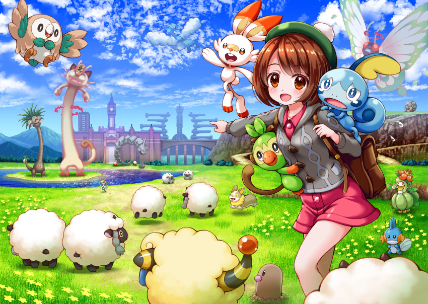 1girl :d absurdres alolan_exeggutor alolan_form backpack bag blue_sky bluebird_(bluebird90) blush bridge brown_eyes brown_hair building character_request clock clock_tower cloud cloudy_sky cloyster collared_dress commentary_request day diglett dress electrode field flower flying_sweatdrops gen_1_pokemon gen_2_pokemon gen_3_pokemon gen_7_pokemon gen_8_pokemon gigantamax gigantamax_butterfree gigantamax_meowth golem_(pokemon) grass green_headwear grey_cardigan grookey highres hood hood_down hooded_cardigan huge_filesize island kirlia looking_at_viewer mareep mudkip onix open_mouth outdoors outstretched_arm pink_dress pointing pokemon pokemon_(creature) pokemon_(game) pokemon_swsh rowlet scorbunny sky smile sobble standing tam_o'_shanter tower upper_teeth water wooloo yamper yellow_flower yuuri_(pokemon)