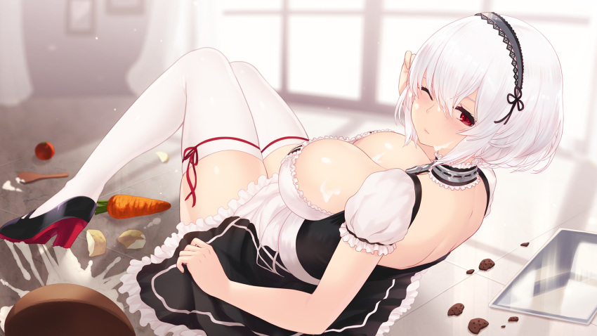 1girl accident anchor_choker azur_lane bangs blush breasts cait choker cleavage cream cream_on_body cream_on_face crossed_bangs food food_on_face frill_trim frilled_choker frills full_body hair_between_eyes high_heels highres lace-trimmed_hairband large_breasts looking_back maid messy on_floor one_eye_closed puffy_sleeves red_eyes ribbon ribbon-trimmed_legwear ribbon_trim shoes short_hair sirius_(azur_lane) skirt solo spill thighhighs tile_floor tiles white_frills white_hair white_legwear zettai_ryouiki