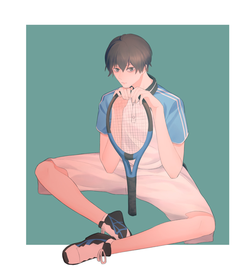 1boy absurdres black_hair blue_background full_body hair_between_eyes highres hoshiai_no_sora katsuragi_maki looking_at_viewer male_focus racket shoes short_sleeves shorts simple_background sitting sneakers solo sportswear white_shorts zebra_(1298007521)