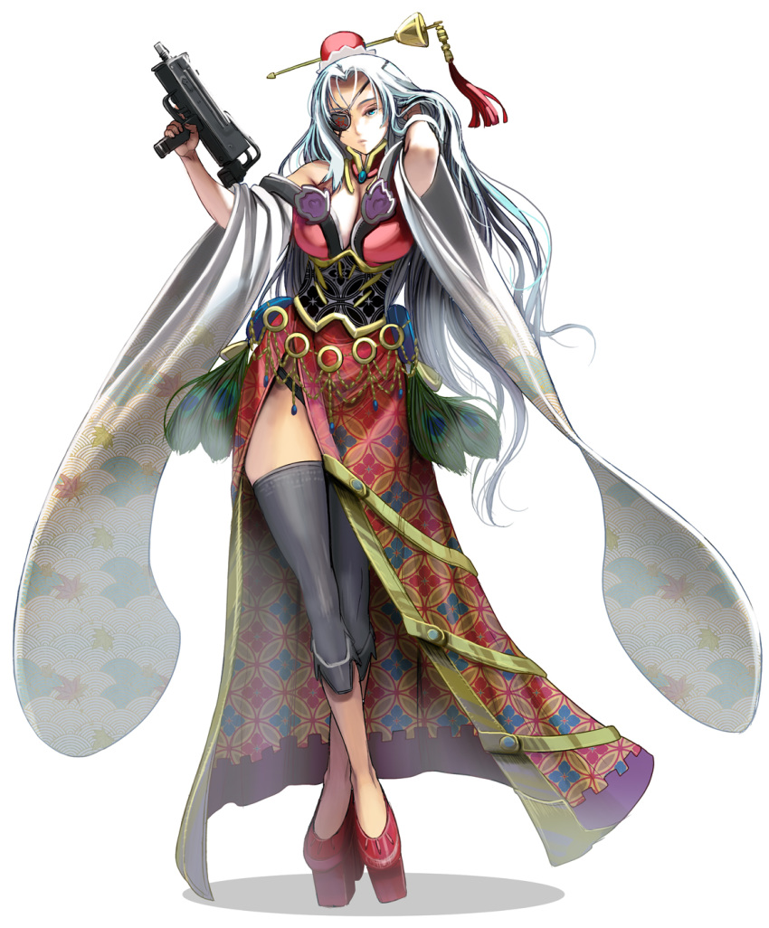 1girl bare_shoulders black_panties blue_eyes breasts china_dress chinese_clothes cleavage corset crossed_legs detached_collar dress eyepatch full_body gun hat highres holding holding_gun holding_weapon large_breasts long_hair looking_at_viewer masao original panties platform_footwear side_slit solo standing underwear weapon white_background white_hair wide_sleeves