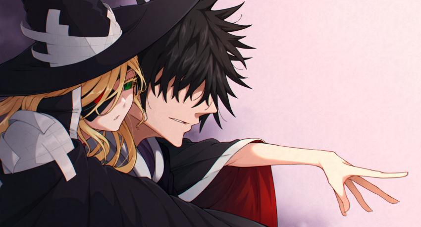 1boy 1girl black_background black_hair blonde_hair colored_eyelashes commentary_request eyelashes eyepatch gradient gradient_background green_eyes hat hidden_eyes highres irokohaku kamijou_touma leaning_on_person othinus outstretched_arm pink_background short_hair spiked_hair to_aru_majutsu_no_index to_aru_majutsu_no_index:_new_testament wavy_hair witch_hat
