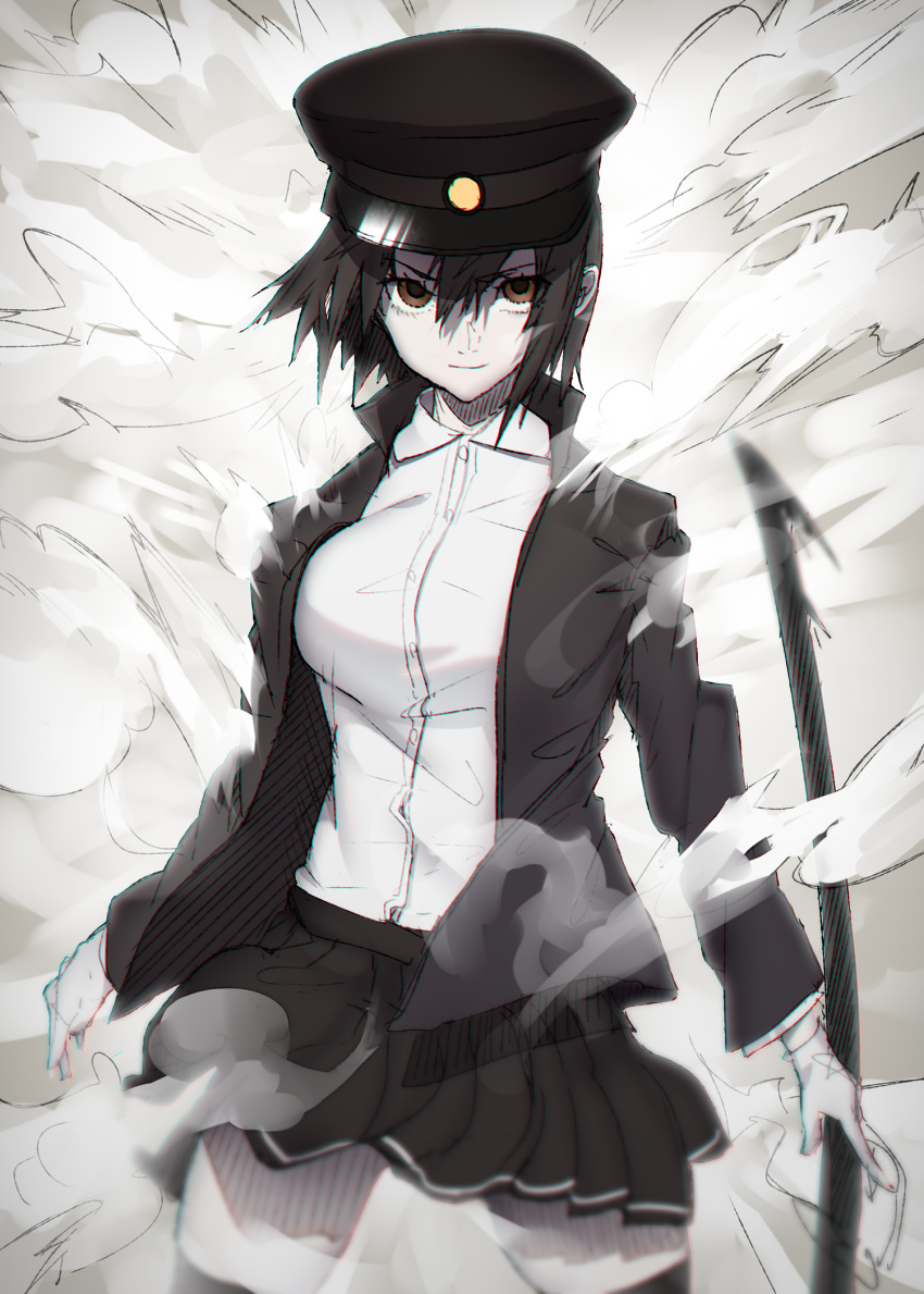 1girl akitsu_maru_(kantai_collection) bangs black_hair black_headwear black_skirt breasts brown_eyes eyelashes gloves hat highres holding holding_weapon kantai_collection long_sleeves looking_at_viewer nanao_(aoyamahikari) open_clothes pale_skin peaked_cap pleated_skirt shirt short_hair skirt smile smoke solo standing sword uniform weapon white_gloves white_shirt white_skin