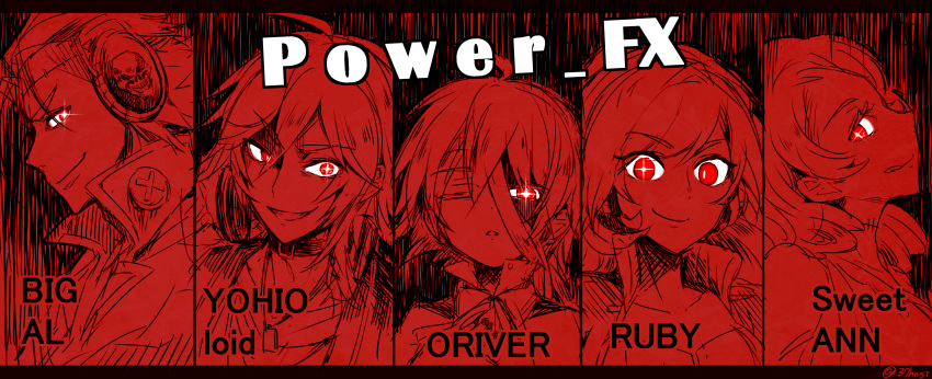 2girls 3boys absurdres big_al black_border border character_name english_text engrish_text gleam glowing glowing_eyes highres looking_at_viewer mizuhoshi_taichi multiple_boys multiple_girls oliver_(vocaloid) one_eye_closed ranguage red_eyes ruby_(vocaloid) stitches sweet_ann vocaloid wavy_hair yohioloid