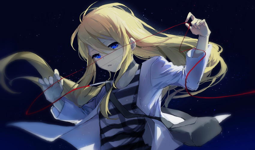 1girl bag blonde_hair blue_eyes dark_background handbag highres jacket long_hair long_sleeves looking_at_viewer rachel_gardner red_string satsuriku_no_tenshi shirt solo string striped striped_shirt upper_body white_jacket yukikohuang