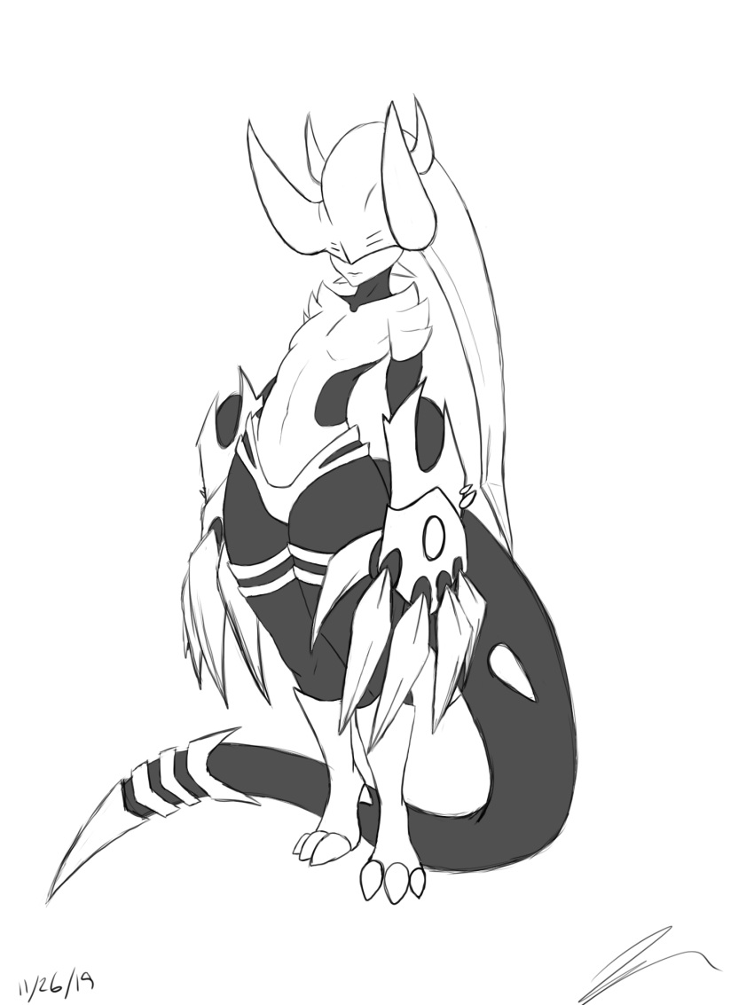 3_toes big_feet breasts claws crest demon female hair hi_res horn humanoid jeffthehusky long_hair monochrome multi_eye small_breasts spike_(disambiguation) standing thick_thighs toes wide_hips