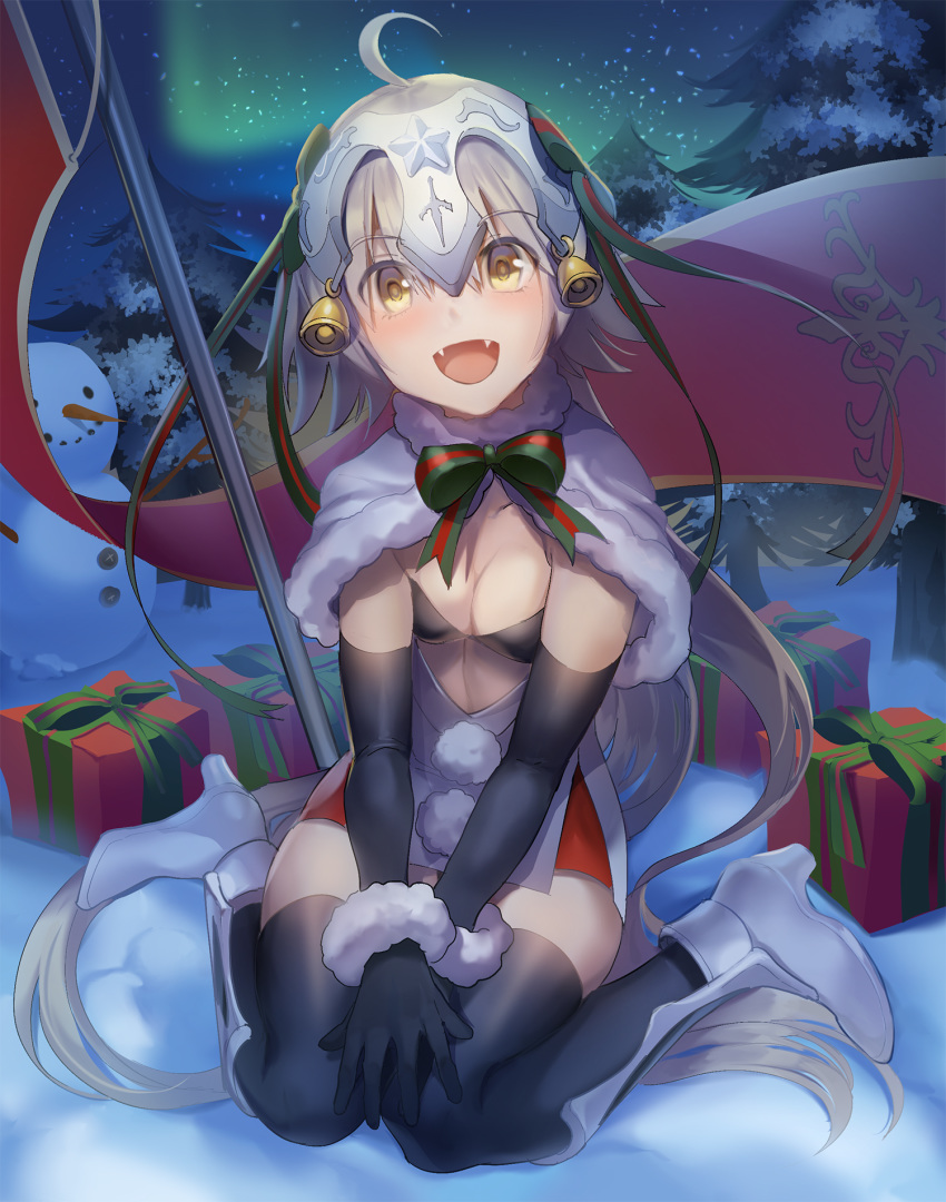 1girl aurora bell black_bikini_top black_gloves black_legwear boba bow capelet dress elbow_gloves fate/grand_order fate_(series) fur-trimmed_capelet fur_trim gift gloves green_bow green_ribbon headpiece highres jeanne_d'arc_(fate)_(all) jeanne_d'arc_alter_santa_lily night night_sky outdoors ribbon short_dress sitting sky snow snowman solo star_(sky) starry_sky striped striped_bow striped_ribbon thighhighs tree wariza white_capelet white_dress winter