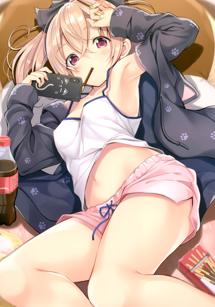 1girl absurdres armpits arms_up bare_shoulders black_jacket blonde_hair breasts camisole drawstring food highres jacket long_hair long_sleeves looking_at_viewer lying medium_breasts midriff navel nozomi_tsubame on_back open_clothes open_jacket original paw_print pink_shorts pocky red_eyes scan shirt short_shorts shorts soda_bottle solo spaghetti_strap thighs white_shirt