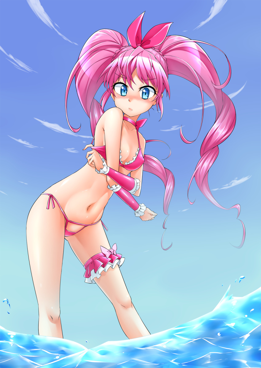 1girl bangs bikini blue_eyes blue_sky blush bow braid breasts choker cleavage closed_mouth collarbone covered_nipples cure_melody cutout day detached_sleeves eyebrows_visible_through_hair floating_hair frilled_bikini_top frilled_sleeves frills from_below groin hair_between_eyes hair_bow highres kanichiri leaning_forward long_hair looking_at_viewer navel outdoors pink_bikini pink_bow pink_hair pink_sleeves precure shiny shiny_hair short_sleeves side-tie_bikini sideboob sky small_breasts soaking_feet solo standing suite_precure swimsuit thigh_strap twintails very_long_hair water