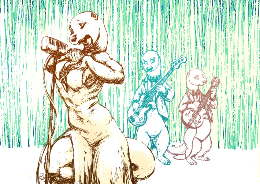 anthro black_tie_(suit) bottomless bow_tie breasts cleavage clothed clothing dress eyes_closed featureless_crotch female fully_clothed group guitar lutrine male mammal microphone musical_instrument mustelid nudel oddwilds open_mouth playing_music plucked_string_instrument restricted_palette singing string_instrument suit
