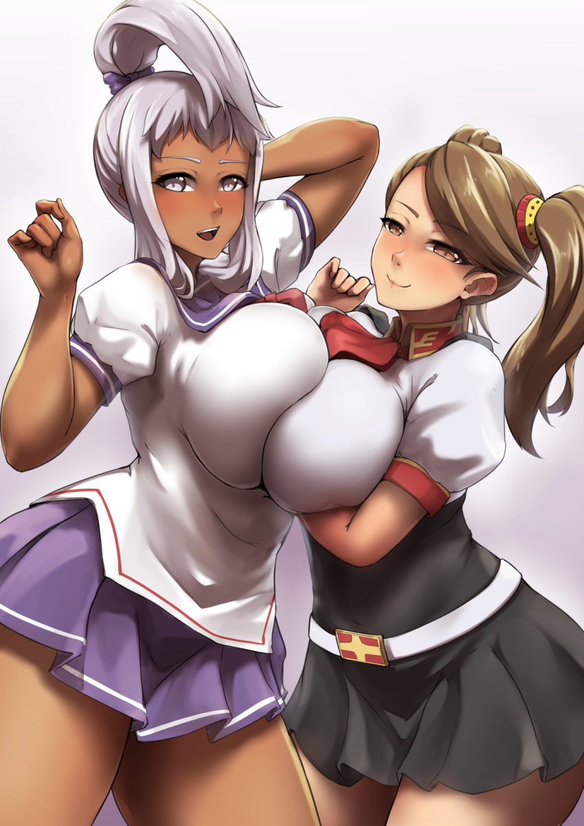 2girls akaza_chacha breast_press breasts brown_eyes brown_hair commentary dark_skin gundam gundam_build_fighters gundam_build_fighters_try highres huge_breasts large_breasts long_hair looking_at_viewer maken-ki! multiple_girls no_legwear open_mouth packge ponytail purple_background purple_eyes sazaki_kaoruko skirt smile symmetrical_docking thick_thighs thighs twintails uniform