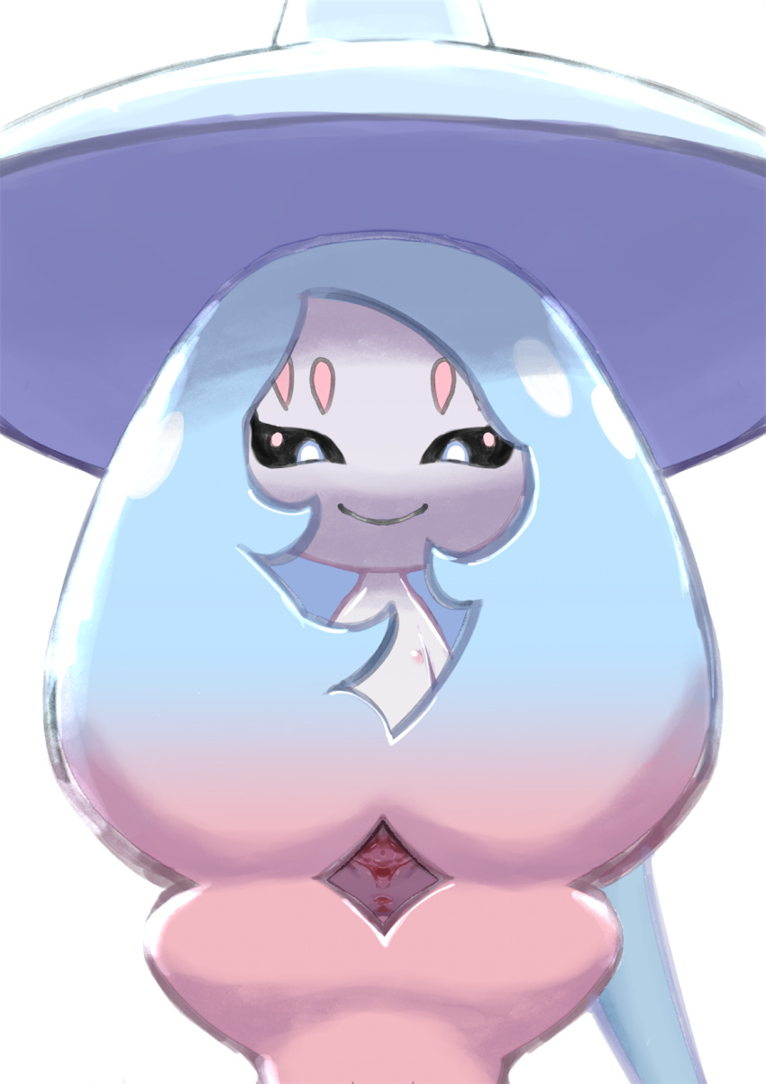 anus female flat_chested grey_body grey_skin hatterene hi_res nintendo nipples not_furry pok&eacute;mon pok&eacute;mon_(species) presenting presenting_pussy pussy simple_background smile solo try-trial video_games white_background