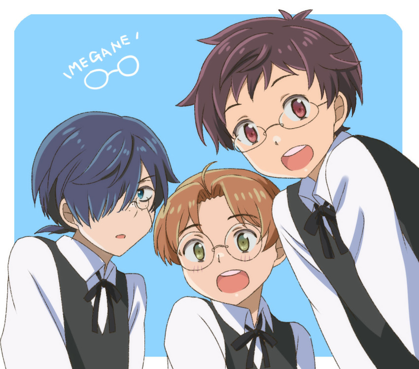 3boys :d :o bangs bespectacled blue_background blue_eyes blue_hair brown_eyes brown_hair freckles glasses green_eyes hair_over_one_eye jinnai_enta kuji_toi leaning_forward looking_at_viewer male_focus monocle multiple_boys muraiaria open_mouth parted_bangs pince-nez sarazanmai shirt simple_background smile upper_body vest white_shirt yasaka_kazuki