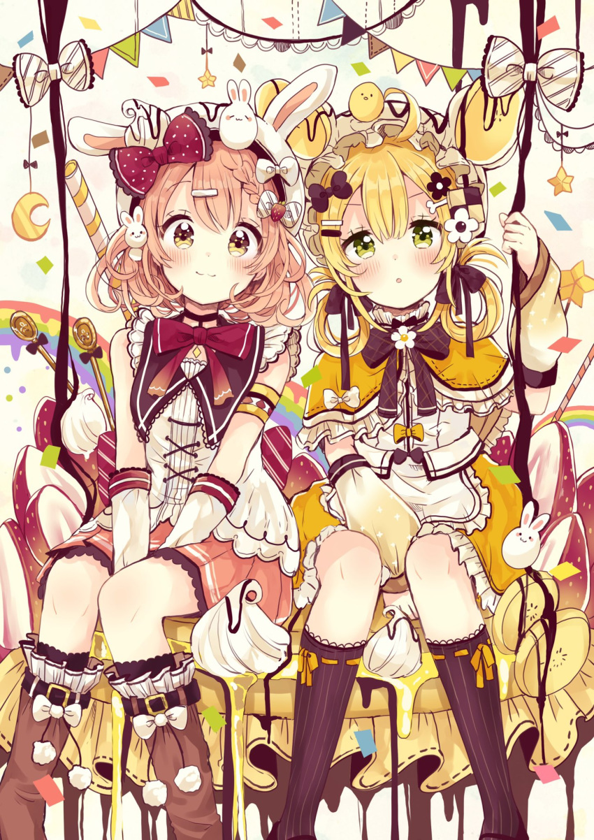 2girls :3 :o ahoge animal animal_ears animal_hat animal_on_head banana banana_slice bangs bear_ears bear_hat between_legs black_legwear blonde_hair blush boots bow braid brown_eyes brown_footwear brown_hair brown_skirt bunny bunny_ears bunny_hat bunny_on_head closed_mouth commentary_request crescent eyebrows_visible_through_hair fake_animal_ears feet_out_of_frame food fruit gloves green_eyes hair_between_eyes hair_bow hair_ornament hairclip hand_between_legs hat highres knee_boots kneehighs multiple_girls on_head original pancake parted_lips pennant pleated_skirt polka_dot polka_dot_bow red_bow ribbon-trimmed_capelet ribbon_trim sakura_oriko shirt sitting sketch skirt smile star string_of_flags whipped_cream white_bow white_gloves white_headwear white_shirt yellow_capelet