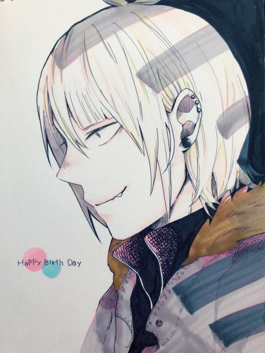 1boy black_hoodie blonde_hair ear_piercing earrings english_text fang fur_trim ghoul happy_birthday highres hood hoodie jacket jewelry monochrome nyako_umi orange_hair piercing red_eyes sharp_teeth shirazu_ginshi short_hair simple_background small_eyes smile solo teeth tokyo_ghoul tokyo_ghoul:re