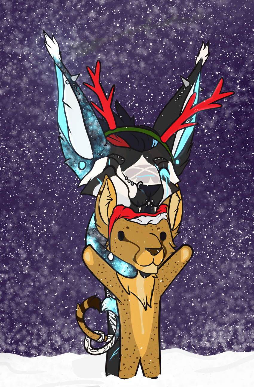 2019 absurd_res anthro big_ears cheetah chest_tuft christmas clothing duo felid feline female fluffy fluffy_tail fur glowing hair hat headgear headwear hi_res holidays inner_ear_fluff kaa_(character) lyunadarsi lyunadarsi_(character) male male/female mammal outside puffed reindeer_antlers santa_hat simple_background smile snow spots tetton tuft white_body white_fur