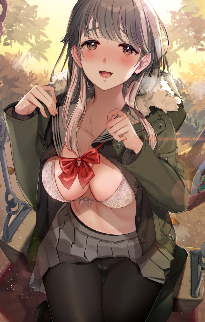 1girl :d absurdres bangs black_legwear black_shirt blush bow bowtie bra breasts brown_eyes brown_hair cleavage coat collarbone commentary_request eyebrows_visible_through_hair fur-trimmed_coat fur_trim green_coat grey_sailor_collar hayakawa_akari highres hood hood_down hooded_coat large_breasts lens_flare long_hair long_sleeves looking_at_viewer loose_bowtie melonbooks miniskirt open_clothes open_coat open_mouth open_shirt original outdoors panties panties_under_pantyhose pantyhose pantyshot pantyshot_(sitting) pleated_skirt red_bow red_neckwear sailor_collar school_uniform serafuku shirt sitting skirt smile solo sweat swing thigh_gap unbuttoned unbuttoned_shirt underwear undressing white_bra