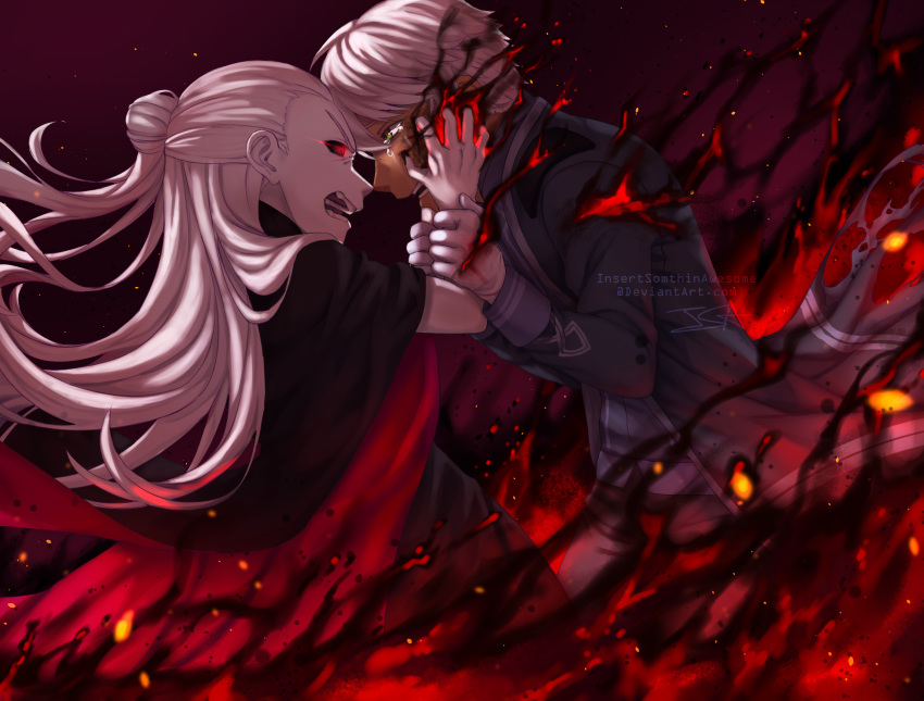 1boy 1girl artist_name crying dark_persona dark_skin deviantart_username evil fire gloves glowing glowing_eye hand_on_own_arm hand_on_own_wrist highres holding_hands insertsomthinawesome long_hair long_sleeves looking_at_another open_mouth professor_ozpin red_eyes rwby salem_(rwby) short_hair standing teeth white_gloves white_hair wind