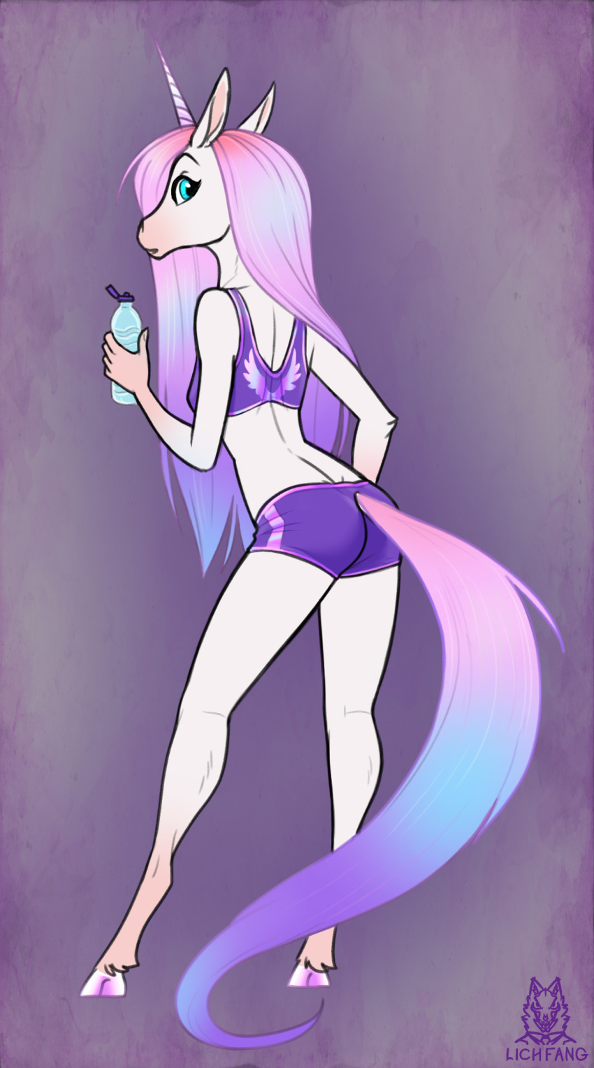 2019 5_fingers anthro blue_eyes bra breasts butt_pose clothed clothing digital_media_(artwork) equid eyebrows eyelashes female fingers hair hi_res hooves horn lichfang mammal pink_hair pose small_breasts solo sports_bra standing track_shorts underwear unicorn