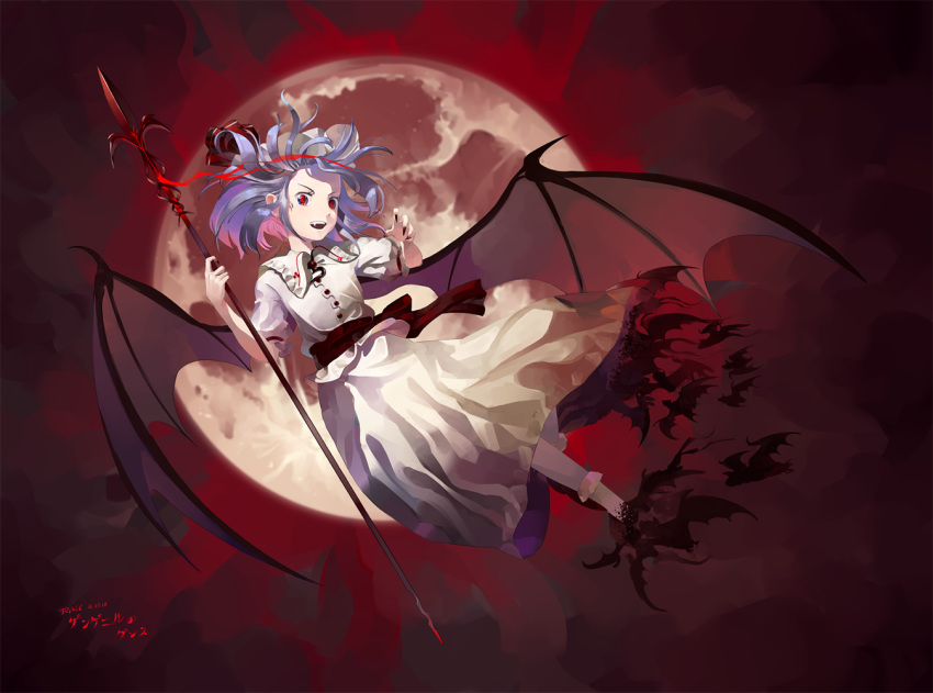 1girl animal artist_name bat bat_wings blue_hair bobby_socks buttons cloud cloudy_sky collar commentary dated dissolving dissolving_clothes evil_smile fading fang floating_hair flying frilled_collar frilled_shirt_collar frills full_moon hands_up hat hat_ribbon holding holding_spear holding_weapon lavender_hair long_skirt looking_at_viewer messy_hair mob_cap moon open_mouth paw_pose polearm puffy_short_sleeves puffy_sleeves red_background red_eyes red_nails red_ribbon red_sky remilia_scarlet ribbon riki6 sash shirt short_hair short_sleeves sidelocks skirt skirt_set sky smile socks solo spear spear_the_gungnir spread_wings title touhou vampire very_long_fingernails weapon white_headwear white_shirt white_skirt wings