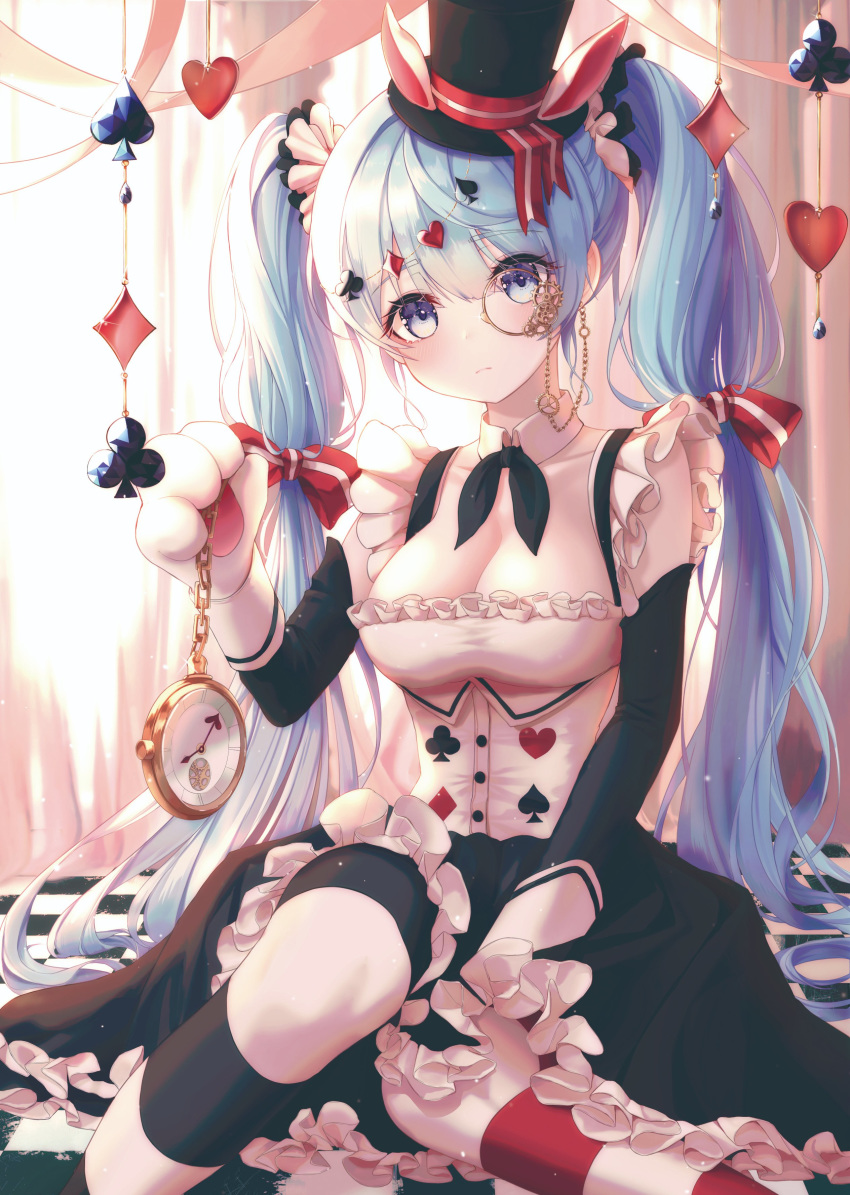 1girl absurdres alice_in_wonderland animal_ears bbeedol black_skirt blue_eyes blue_hair breasts bunny_ears bunny_paws checkered checkered_floor club_(shape) club_hair_ornament commentary cosplay curtains detached_collar diamond_(shape) diamond_hair_ornament dress english_commentary expressionless framed_breasts frilled_dress frilled_skirt frills hair_ornament hat hatsune_miku heart heart_hair_ornament heart_print highres holding_pocket_watch large_breasts long_hair looking_at_viewer mismatched_legwear monocle pocket_watch sitting skirt solo spade_(shape) spade_hair_ornament striped striped_legwear symbol_commentary top_hat twintails very_long_hair vocaloid watch white_rabbit white_rabbit_(cosplay)