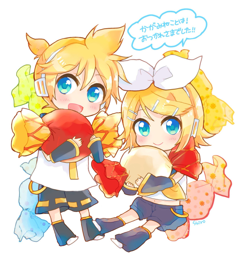 1boy 1girl bangs black_collar black_legwear black_shorts black_sleeves blonde_hair blue_eyes bow candy chibi collar crop_top detached_sleeves food hair_bow hair_ornament hairclip headphones highres holding_candy kagamine_len kagamine_rin leg_warmers light_blush looking_at_viewer neckerchief necktie oversized_food oversized_object sailor_collar school_uniform shiroro69 shirt short_hair short_ponytail short_sleeves shorts sleeveless sleeveless_shirt smile spiked_hair swept_bangs translated vocaloid white_bow white_shirt yellow_neckwear