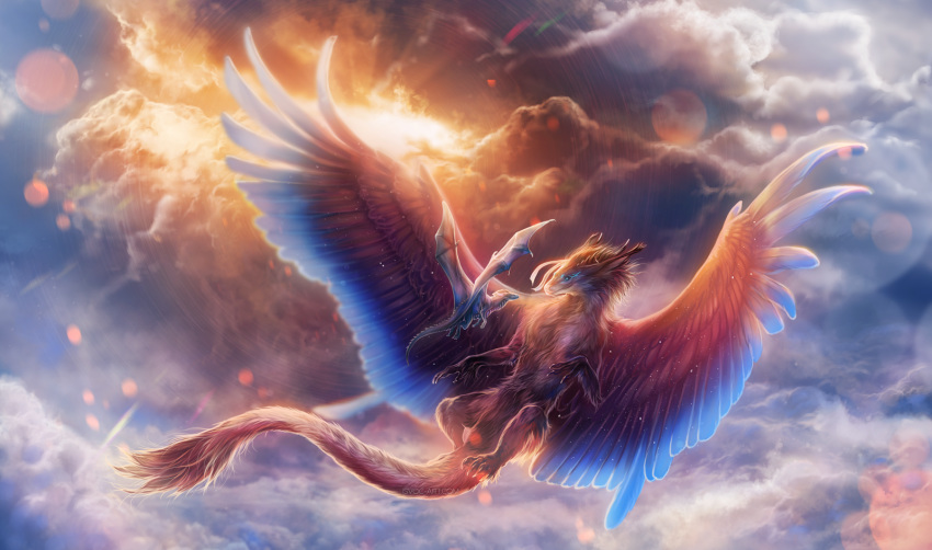 2019 brown_body brown_fur claws day detailed_background digital_media_(artwork) dragon feathered_wings feathers flying fur furred_dragon hi_res horn isvoc membrane_(anatomy) membranous_wings outside scales scalie sky spines western_dragon wings