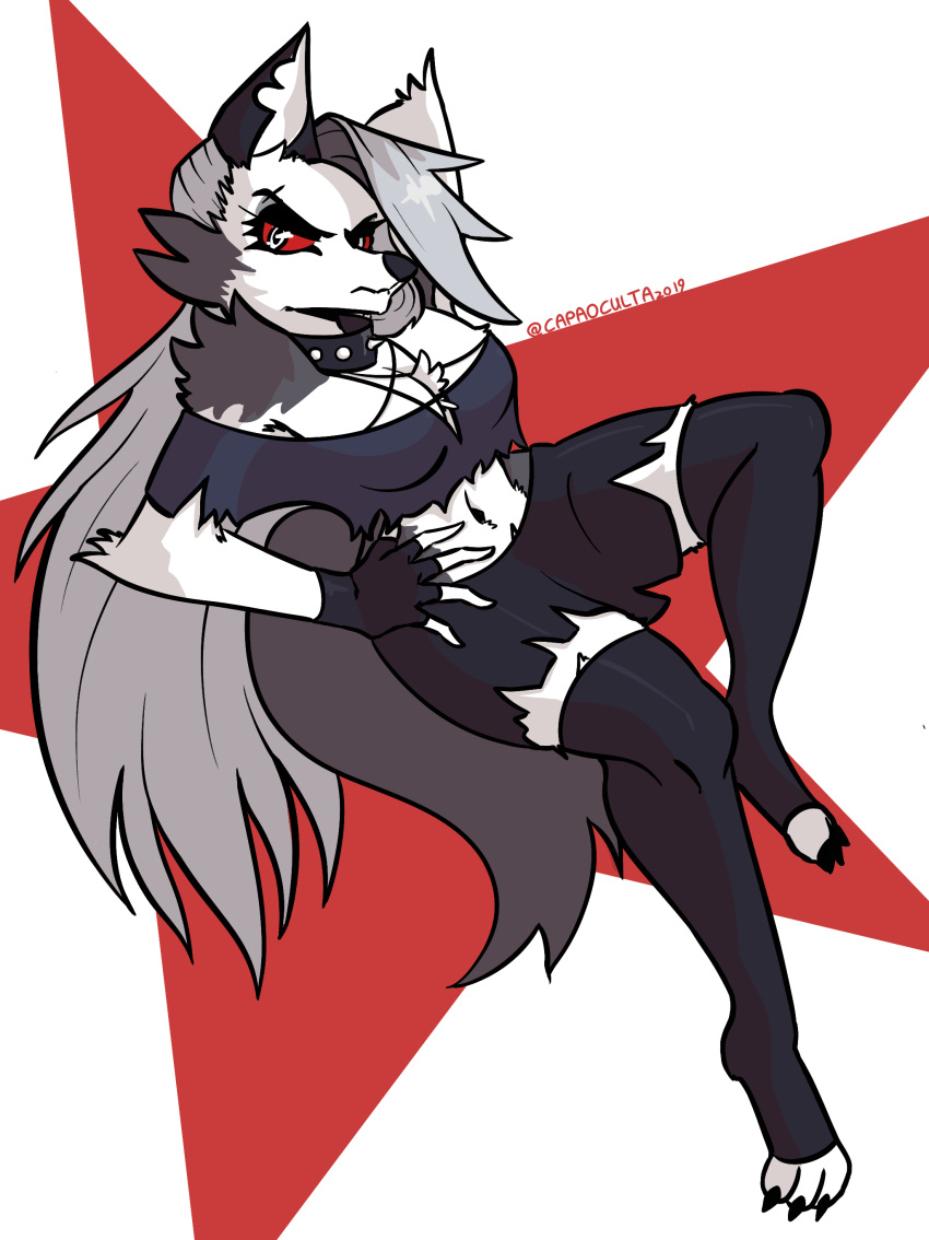 absurd_res breasts canid canid_demon canine canis capaoculta_(artist) choker clothed clothing demon female fur hazbin_hotel hellhound helluva_boss hi_res jewelry legwear loona_(vivzmind) mammal necklace red_eyes stockings white_body white_fur wolf