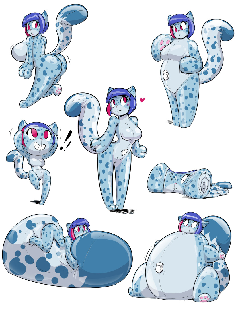 ! &lt;3 2019 absurd_res animate_inanimate anthro blue_hair breasts butt butt_expansion cute_fangs featureless_crotch felid female hair head_expansion helixjack hi_res inflatable living_inflatable looking_back mammal mew_(helixjack) nozzle open_mouth pantherine pawpads red_eyes red_nose rubber smile snow_leopard solo spots standing surprise tail_expansion transformation