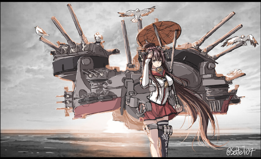 1girl bird breasts brown_hair happy_new_year highres kantai_collection large_breasts letterboxed long_hair looking_at_viewer new_year painterly parasol ponytail rigging salute seagull seitei_(04seitei) shell signature single_thighhigh smile solo thighhighs turret twitter_username umbrella yamato_(kantai_collection)