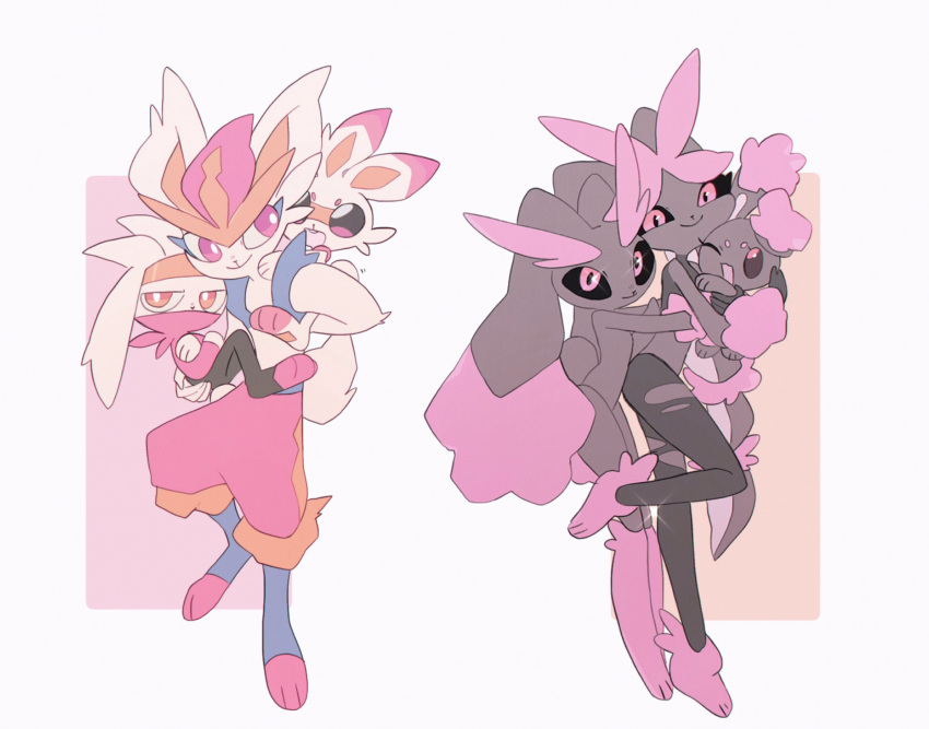 alternate_color black_sclera bright_pupils buneary carrying cinderace gen_4_pokemon gen_8_pokemon highres lopunny mega_evolution mega_lopunny no_humans piggyback pink_eyes pokemon pokemon_(creature) raboot red_eyes scorbunny shiny_pokemon smile standing standing_on_one_leg