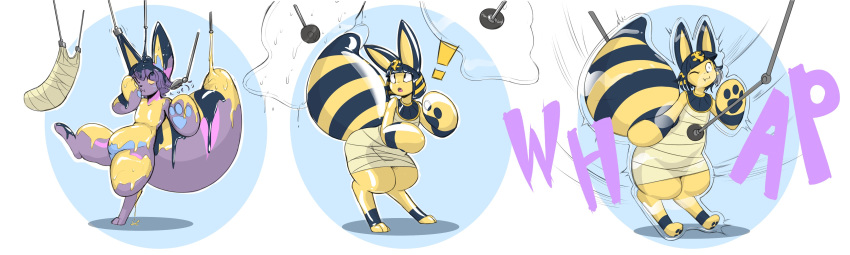 ! 2019 absurd_res ambiguous_gender animal_crossing ankha_(animal_crossing) anthro arthropod arthropod_abdomen barefoot bee black_hair domestic_cat felid feline felis goo_transformation hair helixjack hi_res hybrid hymenopteran insect jewelry mammal nintendo nystre_(character) pawpads sequence simple_background solo species_transformation standing surprise thick_thighs transformation video_games wide_hips yellow_body