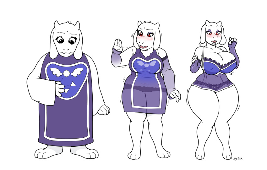 2019 anthro barefoot big_breasts bimbofication blackshirtboy blush boss_monster bovid breast_expansion breasts caprine clothing female goat horn mammal nipple_outline red_eyes sequence simple_background solo standing surprise thick_thighs toriel transformation undertale underwear video_games white_background white_body wide_hips