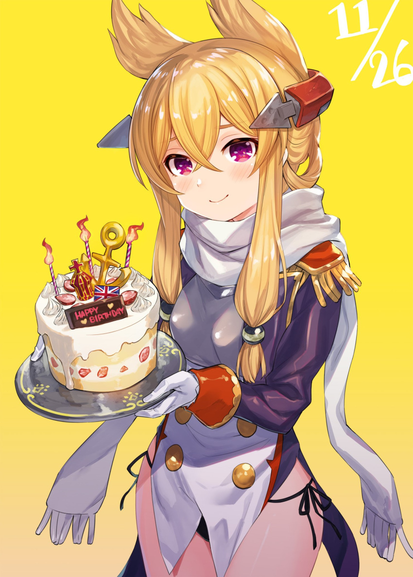 1girl akanagi_youto anchor azur_lane bangs black_panties blonde_hair blush breasts cake candle commentary_request cowboy_shot dated epaulettes fire flame food gloves gradient gradient_background hair_between_eyes happy_birthday headgear highres holding holding_food long_hair long_sleeves looking_at_viewer panties pointy_hair purple_eyes scarf side-tie_panties sidelocks small_breasts smile solo standing underwear union_jack warspite_(azur_lane) white_gloves white_scarf yellow_background