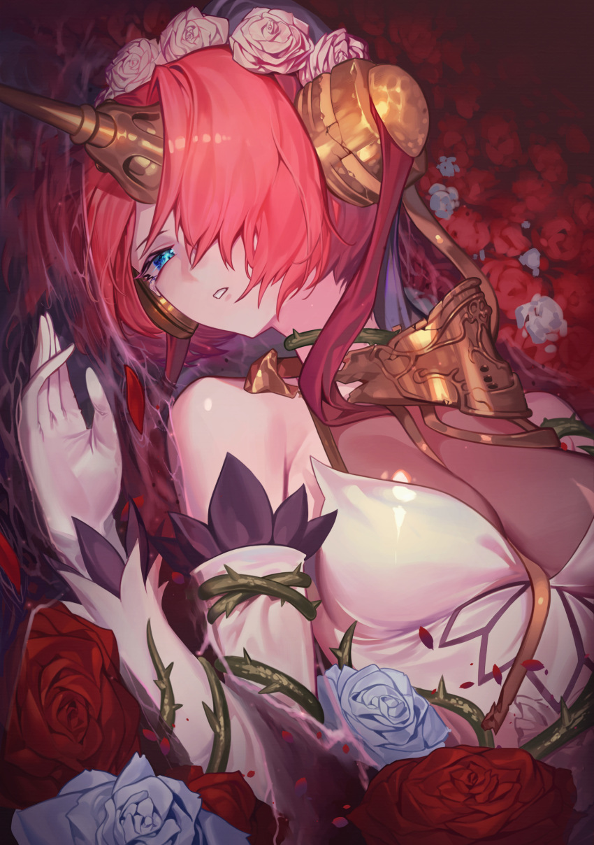 1girl bare_shoulders blue_eyes blue_flower blue_rose breasts broken cleavage clenched_teeth commentary_request damaged detached_sleeves dress elbow_gloves fate/apocrypha fate_(series) flower flower_wreath frankenstein's_monster_(fate) gloves gorget hair_over_one_eye hand_up headgear highres horn in_water looking_at_viewer lying medium_breasts on_back one_eye_covered outstretched_hand parted_lips partially_submerged petals pink_hair plant red_flower red_rose rose rose_hair_ornament shiny shiny_clothes short_hair short_hair_with_long_locks solo ssangbong-llama tagme tears teeth thorns vines white_dress white_flower white_gloves white_rose