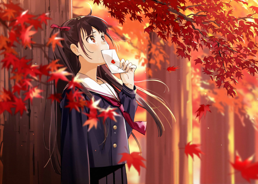 autumn brown_eyes brown_hair crying leaves long_hair original school_uniform skirt tears tie tree urata_asao