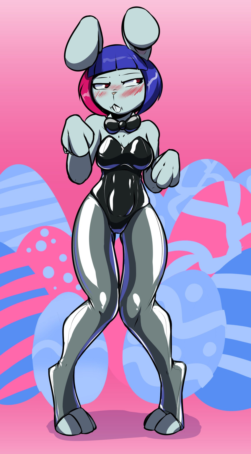 2018 absurd_res alternate_species anthro bow_tie breasts buckteeth clothing easter female hair helixjack hi_res holidays lagomorph leotard leporid looking_aside mammal mew_(helixjack) pigeon_toed rabbit rubber short_hair solo teeth