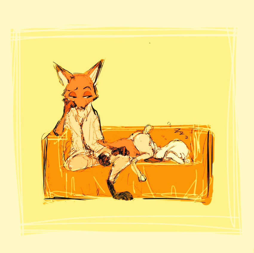 anthro barefoot bottomwear butt canid canine clothed clothing disney duo fox fully_clothed fur furniture judy_hopps lagomorph leporid looking_at_another mammal necktie nick_wilde orange_body orange_fur pants pnoll rabbit red_fox shirt simple_background sitting sleeping sofa sound_effects topwear yellow_background zootopia zzz