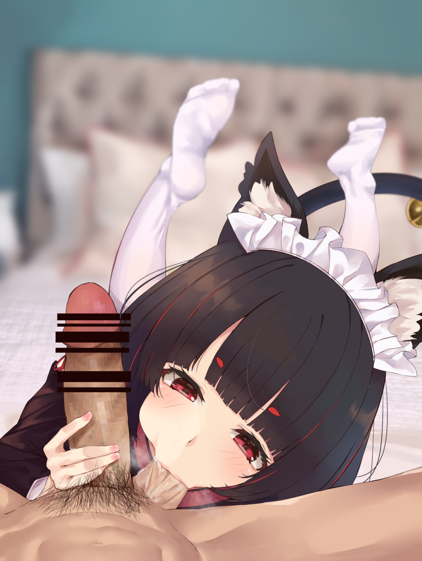 1boy 1girl absurdres animal_ear_fluff animal_ears azur_lane bangs bar_censor black_hair blurry blurry_background cat_ears cat_tail censored hetero highres looking_at_viewer maid_headdress male_pubic_hair mosaic_censoring penis pubic_hair red_eyes solo_focus sucking_testicles suushiki tail testicles white_legwear yamashiro_(azur_lane)