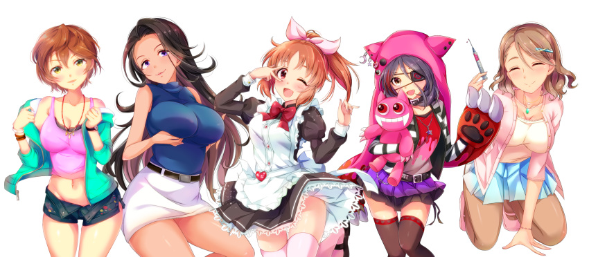 apron black_hair blush bow breast_hold breasts brown_eyes brown_hair chain cleavage eyepatch fang hayasaka_mirei idolmaster idolmaster_cinderella_girls maid mitsuki_(omezame_alice) nana_abe navel necklace nurse pantyhose ponytail purple_eyes red_eyes short_hair shorts skirt takahashi_reiko thighhighs wink wite yanagi_kiyora yellow_eyes yoshioka_saki