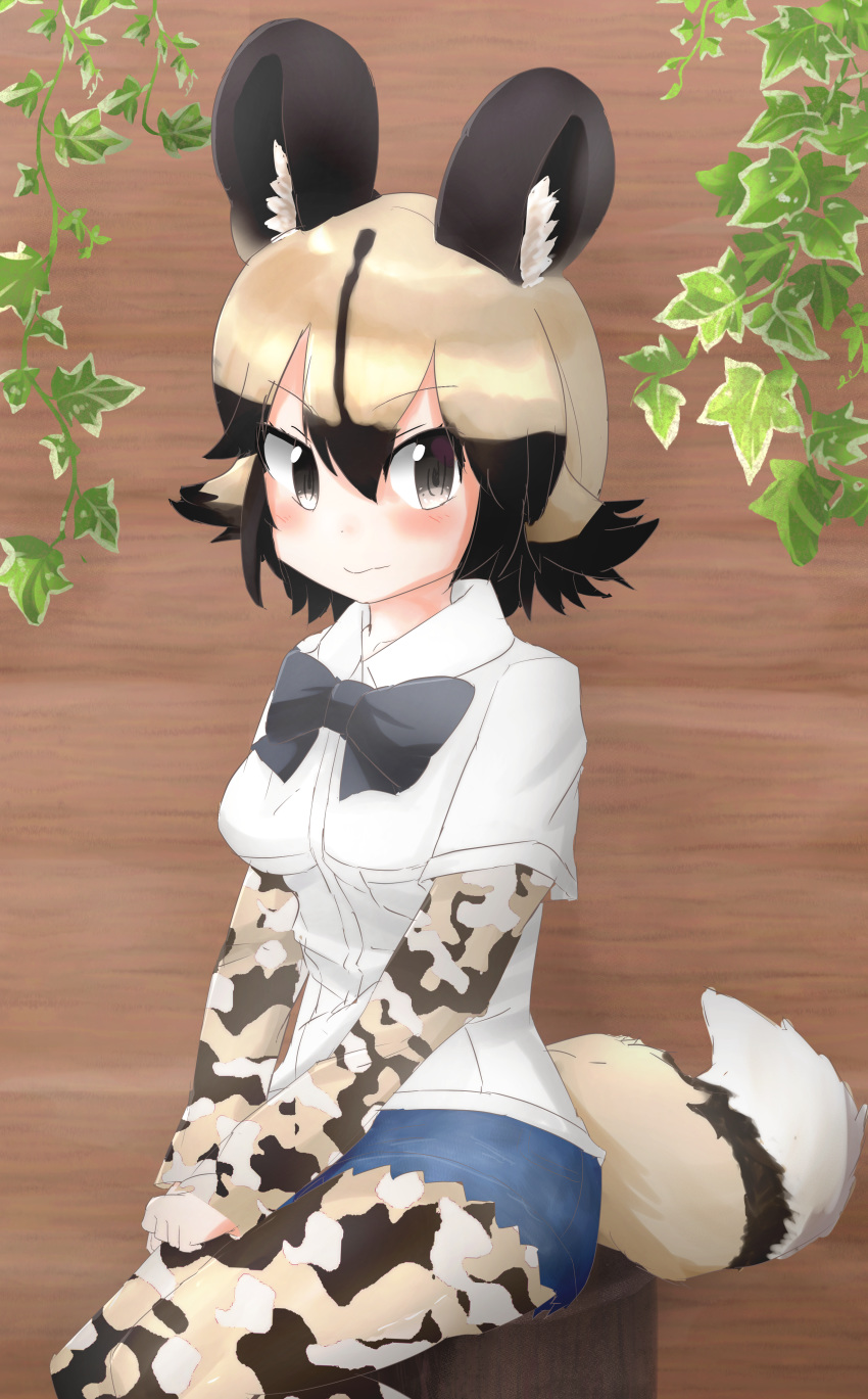 1girl absurdres african_wild_dog_(kemono_friends) african_wild_dog_print animal_ears bow bowtie commentary_request denim denim_shorts dog_ears dog_tail highres huge_filesize kemono_friends legwear_under_shorts log multicolored_hair pantyhose shirt_under_shirt shorts sitting solo tail talented_feather