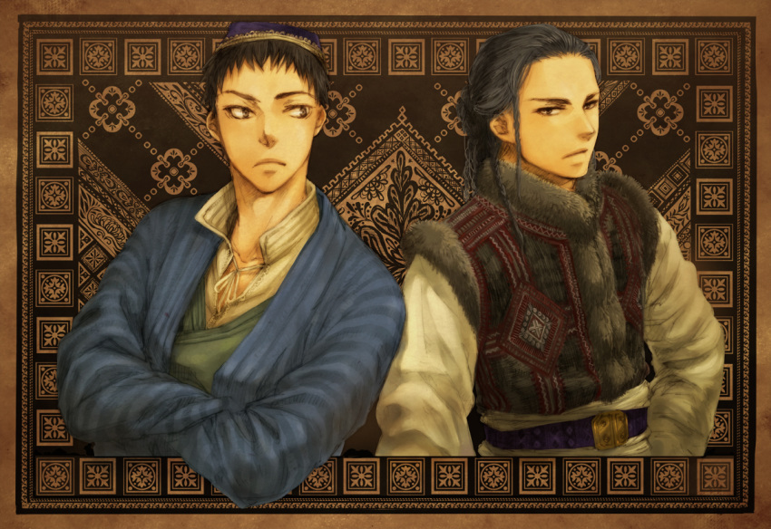 2boys azel_halgal bangs belt black_eyes black_hair braid brown_background closed_mouth crossed_arms frown fur_trim graphite_(medium) hair_pulled_back half_updo lace_trim long_hair long_sleeves looking_at_another looking_at_viewer looking_away male_focus mechanical_pencil multiple_boys otoyomegatari outside_border patterned_background pencil sash side_braid sideways_glance traditional_media upper_body very_long_hair youichi_(persona-non-grata) yusuf