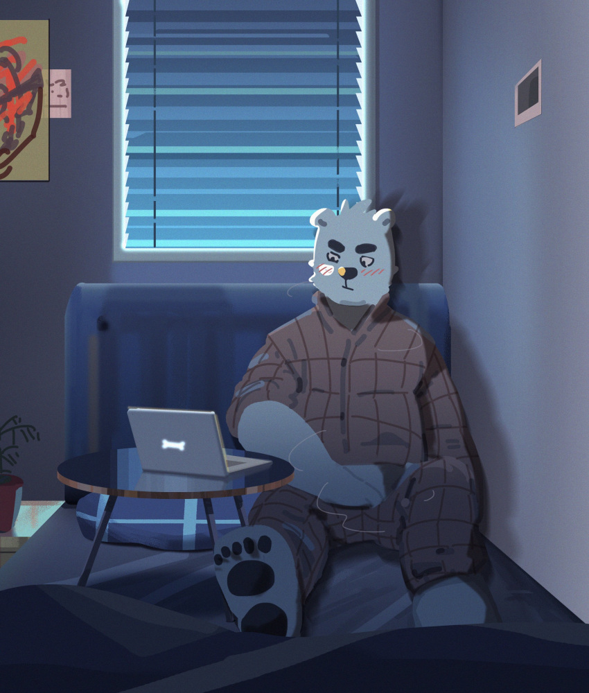 2019 absurd_res anthro belly blush bottomwear clothing computer detailed_background fur hi_res male mammal niwan pants polar_bear shirt sitting slightly_chubby solo topwear ursid ursine white_body white_fur