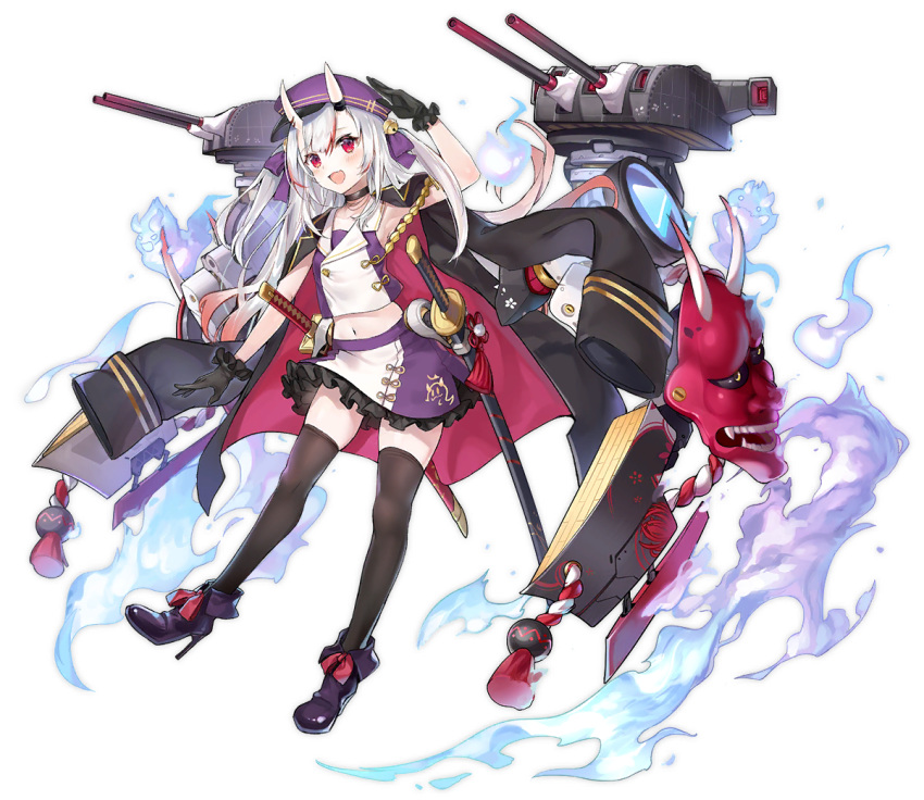 1girl :d aiguillette arm_up armpits azur_lane bare_arms bell black_coat black_gloves black_legwear choker crop_top fang frilled_skirt frills full_body gloves gradient_hair hair_ribbon hat high_heels hitodama hololive jacket_on_shoulders jingle_bell katana long_hair long_sleeves looking_at_viewer machinery midriff miniskirt multicolored_hair nakiri_ayame nanakagura navel official_art oni_horns oni_mask open_mouth peaked_cap purple_headwear red_eyes ribbon sheath sheathed shirt shoes silver_hair skirt sleeveless sleeveless_shirt smile solo streaked_hair sword tassel thighhighs transparent_background turret two_side_up virtual_youtuber weapon white_shirt wing_collar zettai_ryouiki