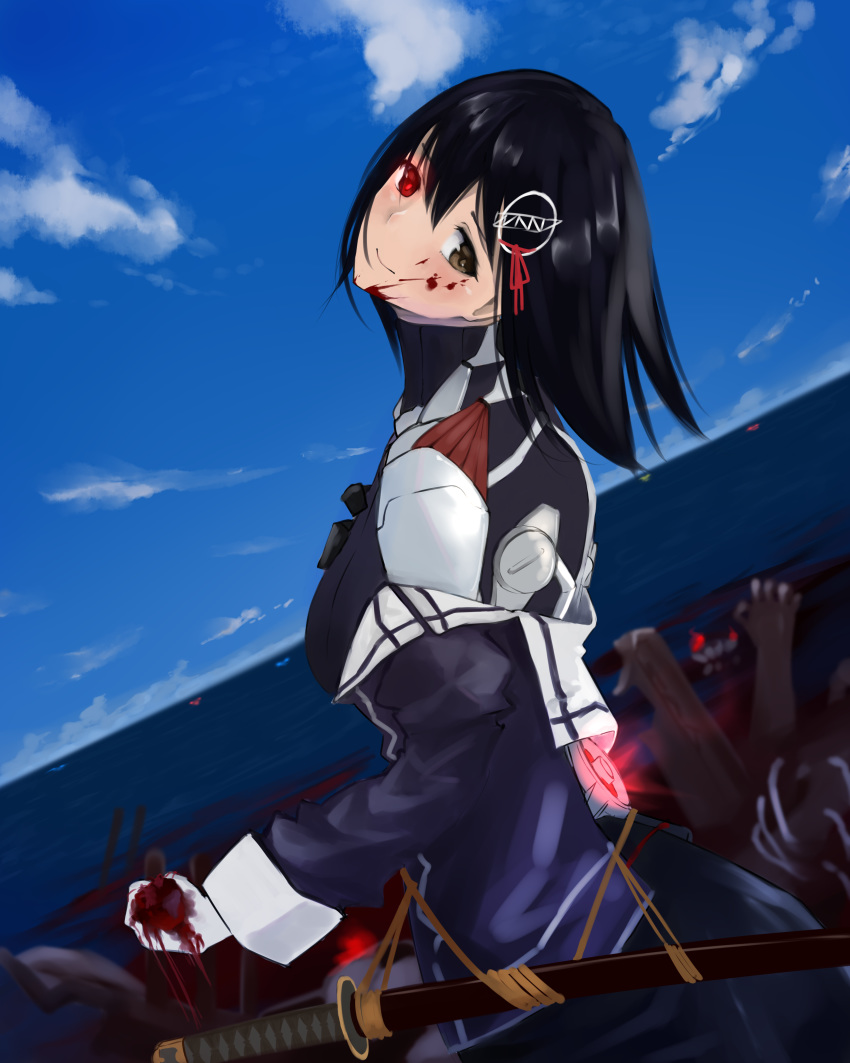 1girl 73suke absurdres android black_hair black_skirt blood blood_on_face bloody_clothes bloody_hands blue_sky brown_eyes cloud day gloves glowing glowing_eye haguro_(kantai_collection) hair_ornament head_tilt heterochromia highres kantai_collection katana long_sleeves looking_at_viewer looking_back ocean outdoors parts_exposed red_eyes remodel_(kantai_collection) shaft_look sheath sheathed short_hair skirt sky smile solo sword water weapon white_gloves